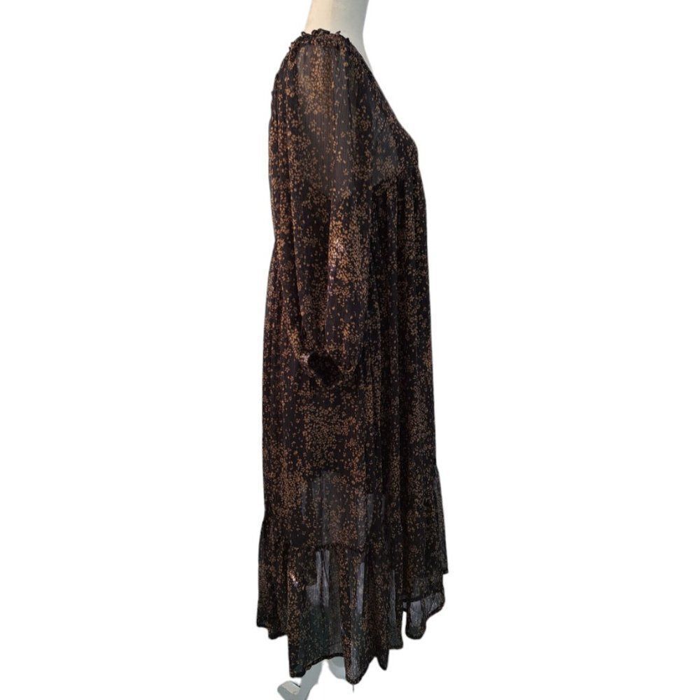 Mittoshop Dark Floral Midi Tiered Dress Balloon Sleeves Shimmer Gold Dark Small - Picture 5 of 9